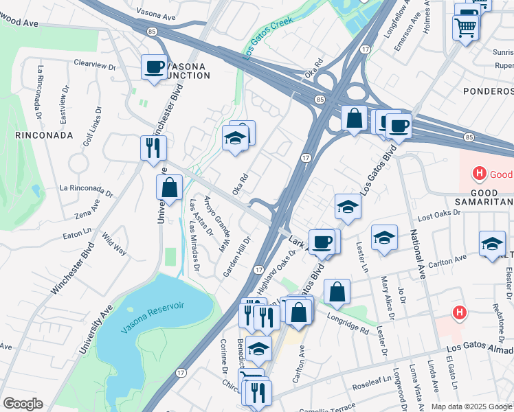 map of restaurants, bars, coffee shops, grocery stores, and more near 16605 Lark Avenue in Los Gatos