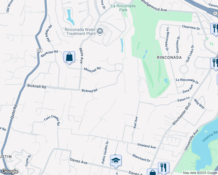 map of restaurants, bars, coffee shops, grocery stores, and more near 727 Bicknell Road in Los Gatos