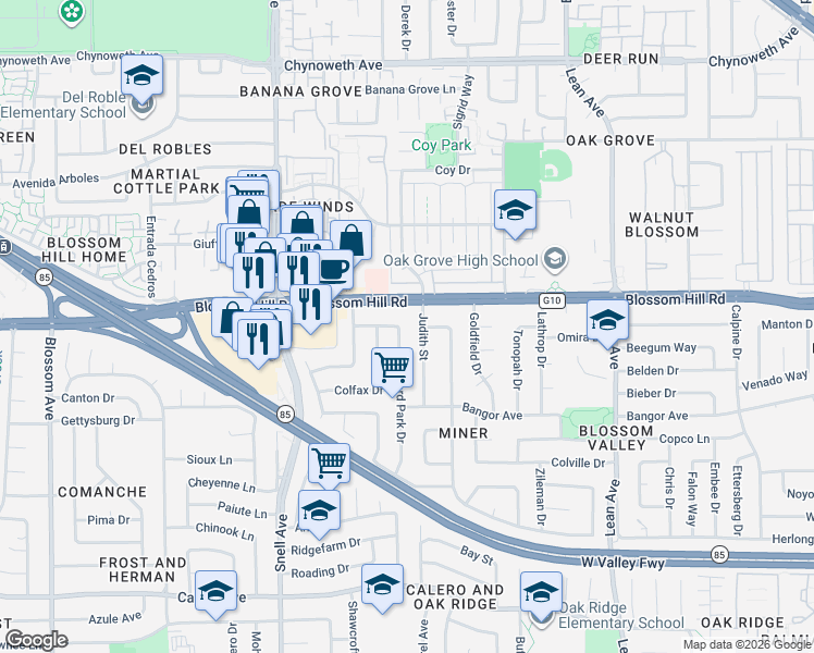 map of restaurants, bars, coffee shops, grocery stores, and more near 5636 Orchard Park Drive in San Jose