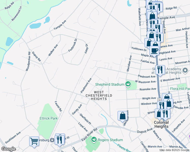 map of restaurants, bars, coffee shops, grocery stores, and more near 19801 Piedmont Avenue in Colonial Heights