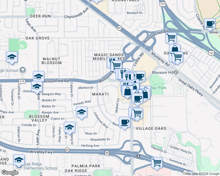 map of restaurants, bars, coffee shops, grocery stores, and more near 5382 Makati Circle in San Jose
