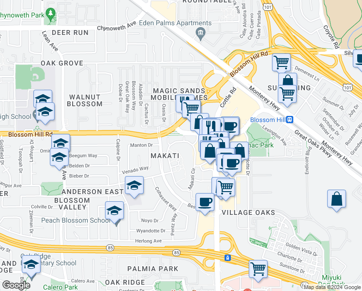 map of restaurants, bars, coffee shops, grocery stores, and more near 5382 Makati Circle in San Jose