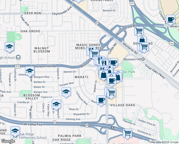 map of restaurants, bars, coffee shops, grocery stores, and more near 5469 Makati Circle in San Jose