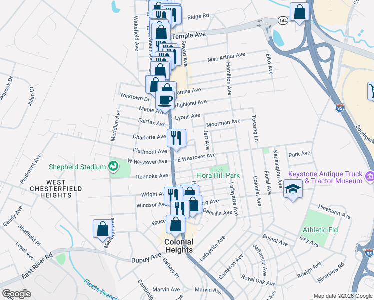map of restaurants, bars, coffee shops, grocery stores, and more near 1108 Shuford Avenue in Colonial Heights