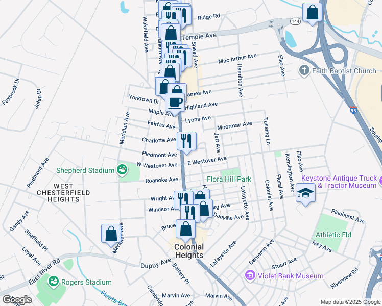 map of restaurants, bars, coffee shops, grocery stores, and more near 1205 U.S. 1 in Colonial Heights