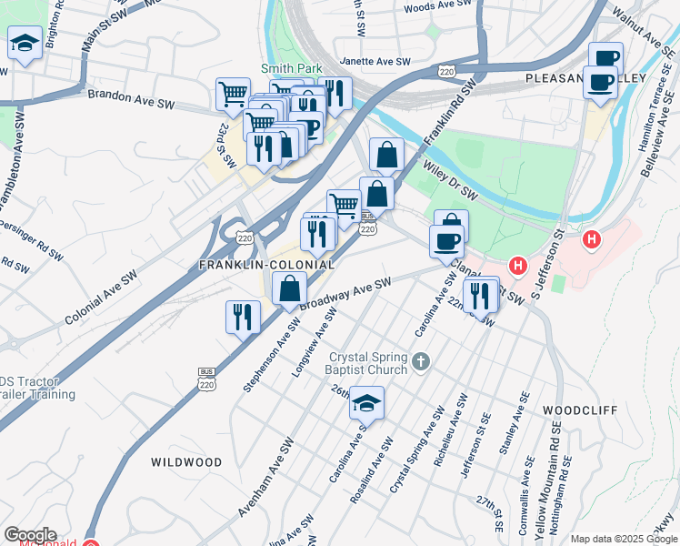 map of restaurants, bars, coffee shops, grocery stores, and more near 2122 Stephenson Avenue Southwest in Roanoke