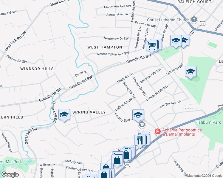 map of restaurants, bars, coffee shops, grocery stores, and more near 2728 Tillett Road Southwest in Roanoke