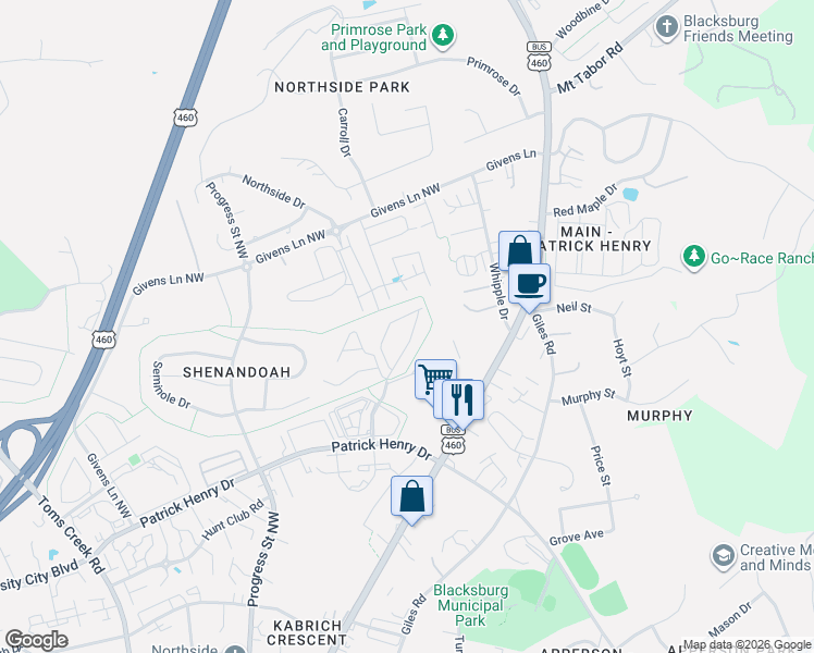 map of restaurants, bars, coffee shops, grocery stores, and more near 427 Janie Lane in Blacksburg