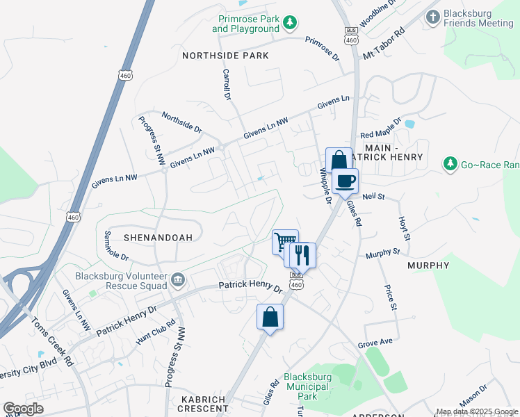 map of restaurants, bars, coffee shops, grocery stores, and more near 427 Janie Lane in Blacksburg