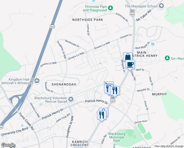 map of restaurants, bars, coffee shops, grocery stores, and more near 322 Pheasant Run Court in Blacksburg