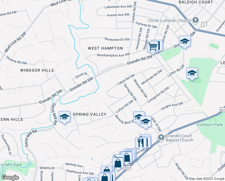 map of restaurants, bars, coffee shops, grocery stores, and more near 2728 Tillett Road Southwest in Roanoke