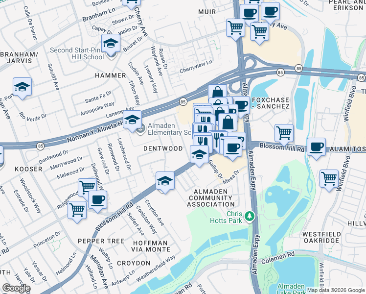 map of restaurants, bars, coffee shops, grocery stores, and more near 5472 Clovercrest Drive in San Jose