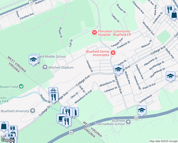 map of restaurants, bars, coffee shops, grocery stores, and more near 1500 College Avenue in Bluefield