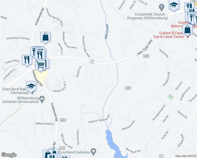 map of restaurants, bars, coffee shops, grocery stores, and more near 4833 Bristol Circle in Williamsburg