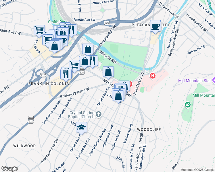 map of restaurants, bars, coffee shops, grocery stores, and more near 2107 Broadway Avenue Southwest in Roanoke