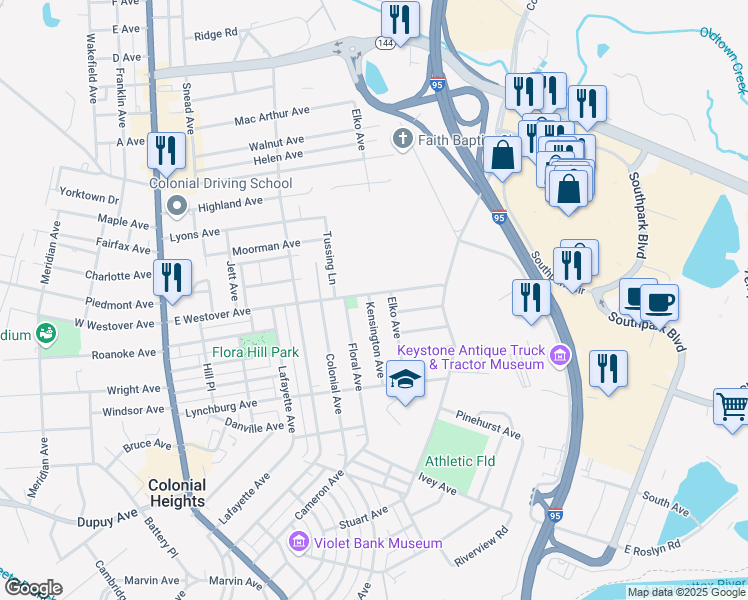 map of restaurants, bars, coffee shops, grocery stores, and more near 1013 Kensington Avenue in Colonial Heights