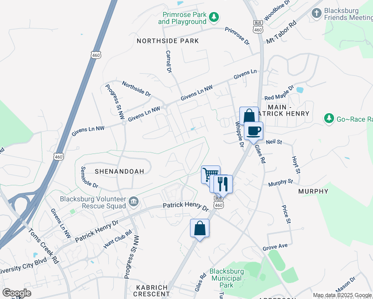 map of restaurants, bars, coffee shops, grocery stores, and more near 413 Janie Lane in Blacksburg