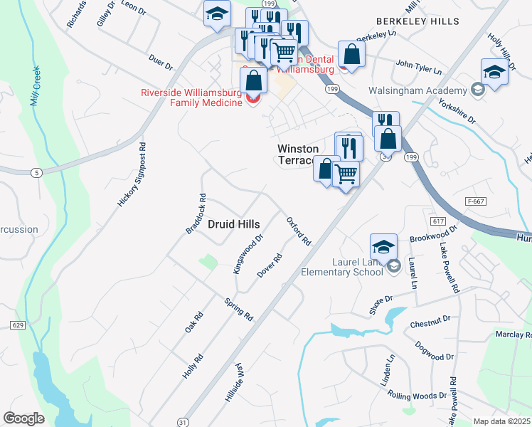 map of restaurants, bars, coffee shops, grocery stores, and more near 102 Druid Drive in Williamsburg