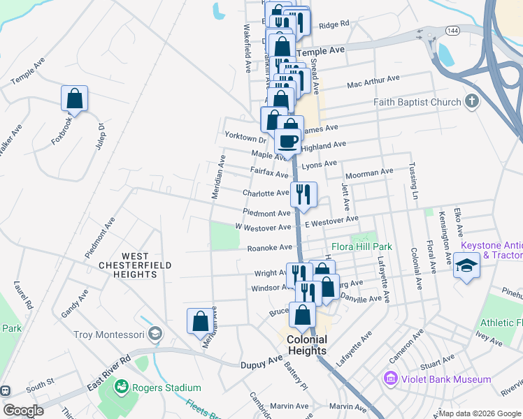 map of restaurants, bars, coffee shops, grocery stores, and more near 149 Charlotte Avenue in Colonial Heights