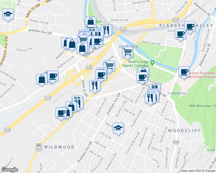 map of restaurants, bars, coffee shops, grocery stores, and more near 2202 Stephenson Avenue Southwest in Roanoke