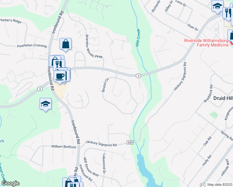 map of restaurants, bars, coffee shops, grocery stores, and more near 3333 New Castle Drive in Williamsburg
