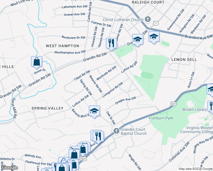 map of restaurants, bars, coffee shops, grocery stores, and more near 2635 Barham Road Southwest in Roanoke