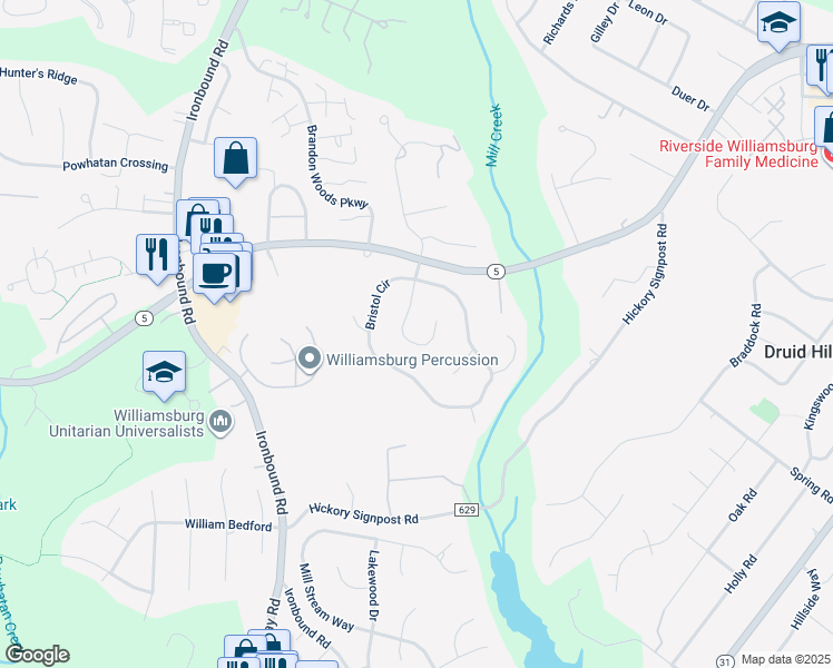 map of restaurants, bars, coffee shops, grocery stores, and more near 3333 New Castle Drive in Williamsburg