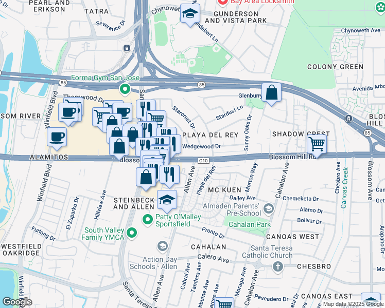 map of restaurants, bars, coffee shops, grocery stores, and more near 827 Blossom Hill Road in San Jose