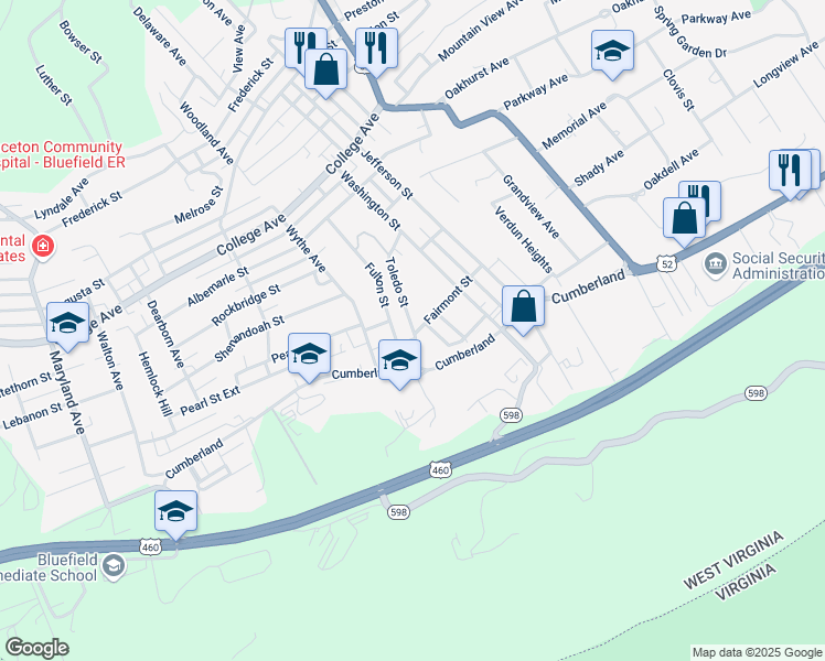 map of restaurants, bars, coffee shops, grocery stores, and more near 2230 Toledo Street in Bluefield