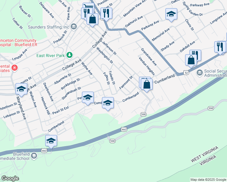 map of restaurants, bars, coffee shops, grocery stores, and more near 516 Fairmont Street in Bluefield