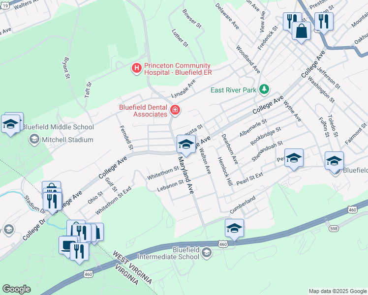 map of restaurants, bars, coffee shops, grocery stores, and more near 1228 College Avenue in Bluefield