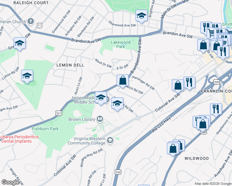 map of restaurants, bars, coffee shops, grocery stores, and more near 2333 Martin Lane Southwest in Roanoke