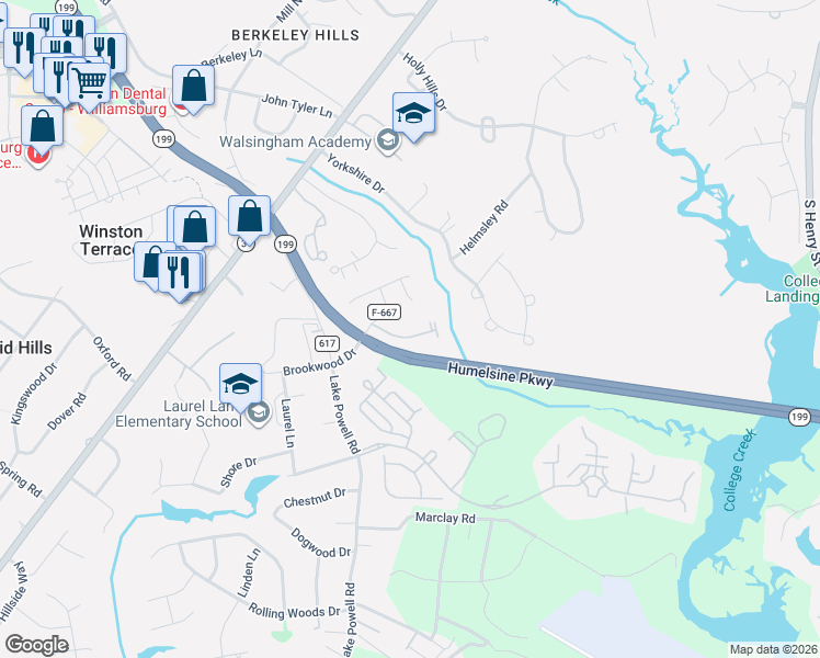 map of restaurants, bars, coffee shops, grocery stores, and more near 216 Brookwood Drive in Williamsburg