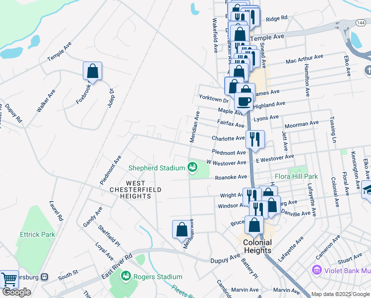map of restaurants, bars, coffee shops, grocery stores, and more near 303 Piedmont Avenue in Colonial Heights