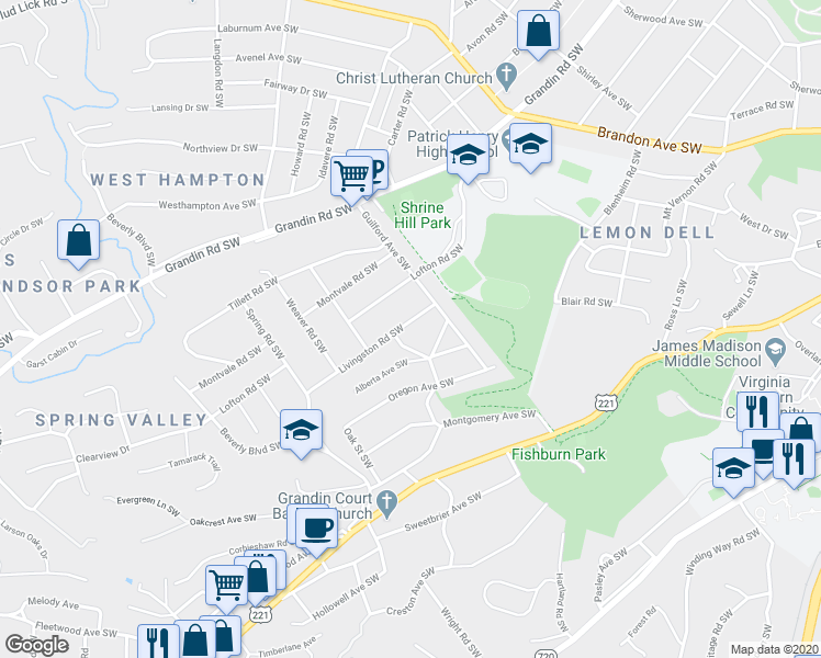 map of restaurants, bars, coffee shops, grocery stores, and more near 2430 Livingston Road Southwest in Roanoke