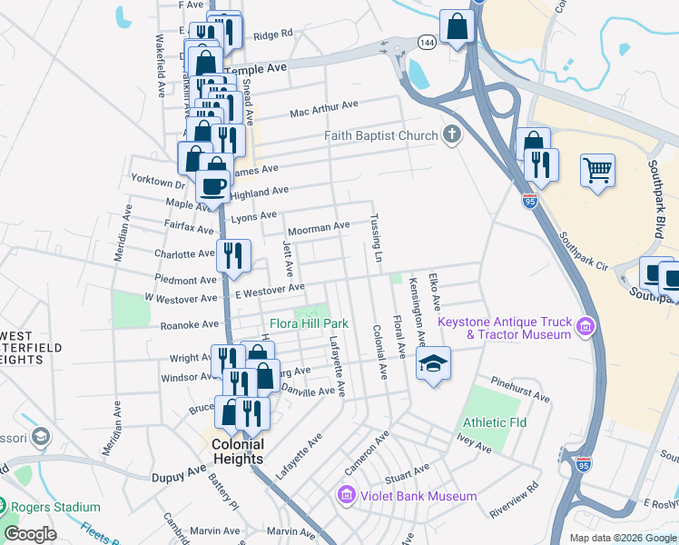 map of restaurants, bars, coffee shops, grocery stores, and more near 418 East Westover Avenue in Colonial Heights