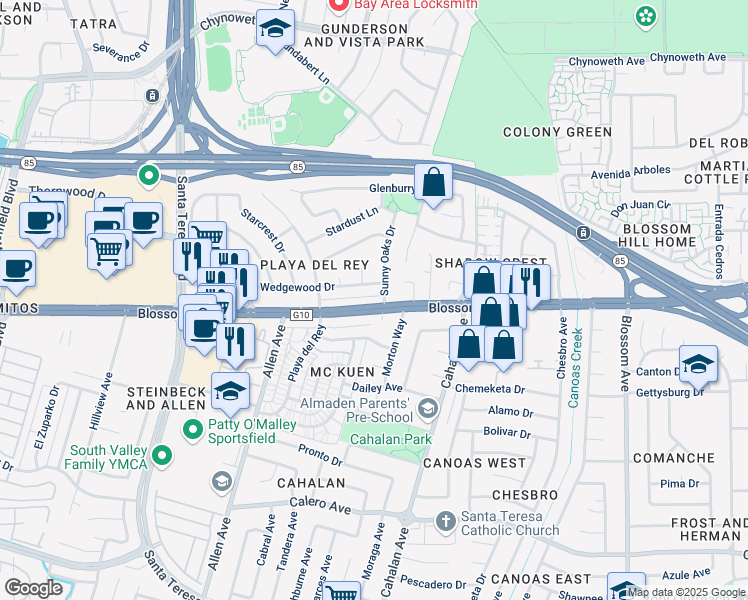 map of restaurants, bars, coffee shops, grocery stores, and more near 755 Blossom Hill Road in San Jose