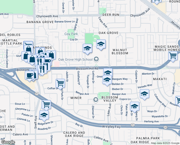 map of restaurants, bars, coffee shops, grocery stores, and more near 5651 Tonopah Drive in San Jose