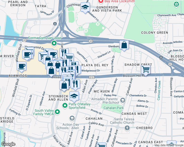map of restaurants, bars, coffee shops, grocery stores, and more near 827 Blossom Hill Road in San Jose