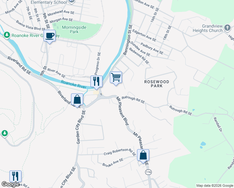 map of restaurants, bars, coffee shops, grocery stores, and more near 2110 Bennington Street Southeast in Roanoke