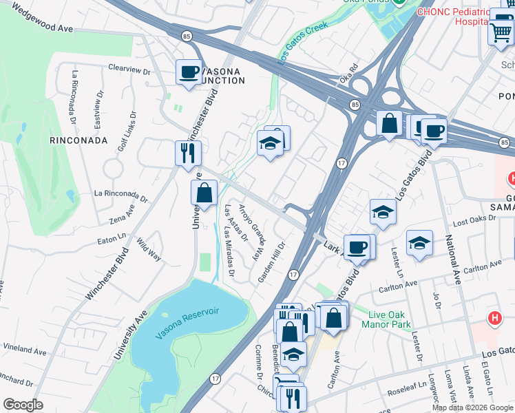 map of restaurants, bars, coffee shops, grocery stores, and more near 127 La Cienega Court in Los Gatos
