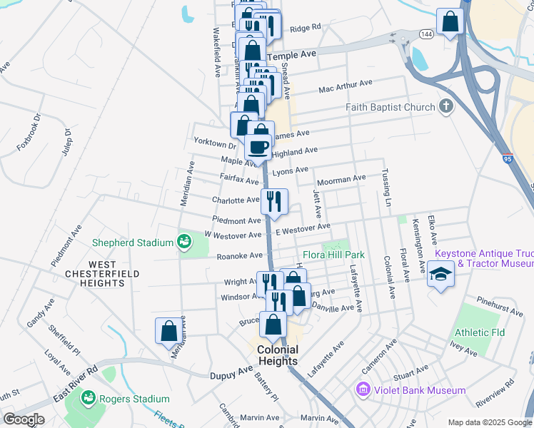 map of restaurants, bars, coffee shops, grocery stores, and more near 1205 U.S. 1 in Colonial Heights