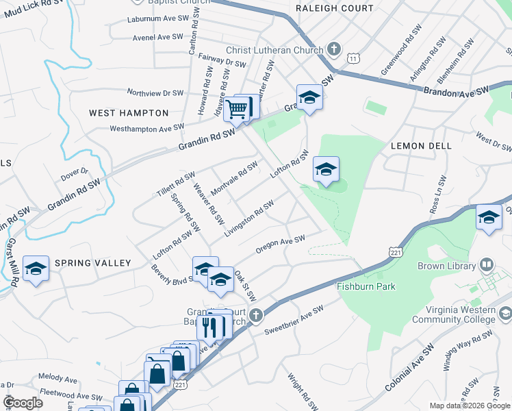 map of restaurants, bars, coffee shops, grocery stores, and more near 2452 Lofton Road Southwest in Roanoke