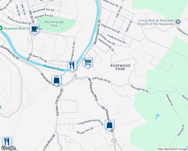map of restaurants, bars, coffee shops, grocery stores, and more near 1602 Rutrough Road Southeast in Roanoke