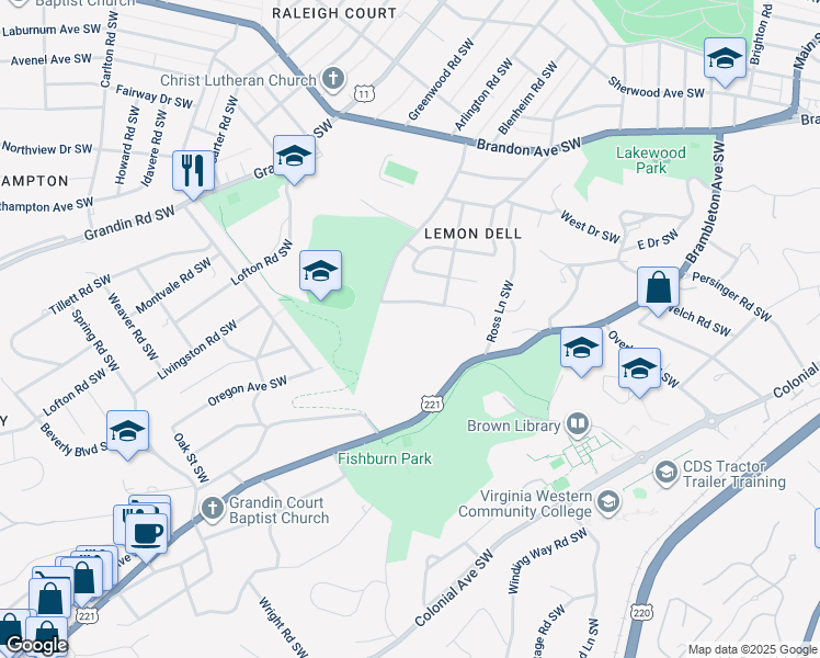 map of restaurants, bars, coffee shops, grocery stores, and more near in Roanoke