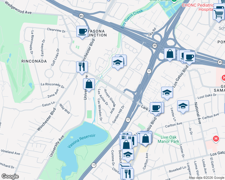 map of restaurants, bars, coffee shops, grocery stores, and more near 127 La Cienega Court in Los Gatos