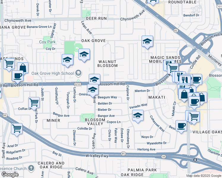 map of restaurants, bars, coffee shops, grocery stores, and more near 233 Omira Drive in San Jose