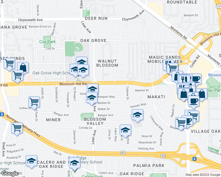 map of restaurants, bars, coffee shops, grocery stores, and more near 233 Omira Drive in San Jose