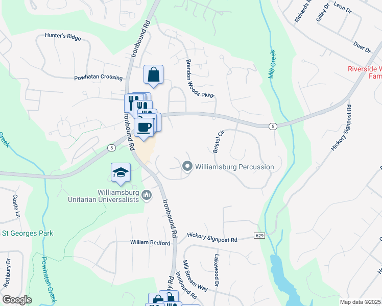 map of restaurants, bars, coffee shops, grocery stores, and more near 4585 Village Park Drive East in Williamsburg