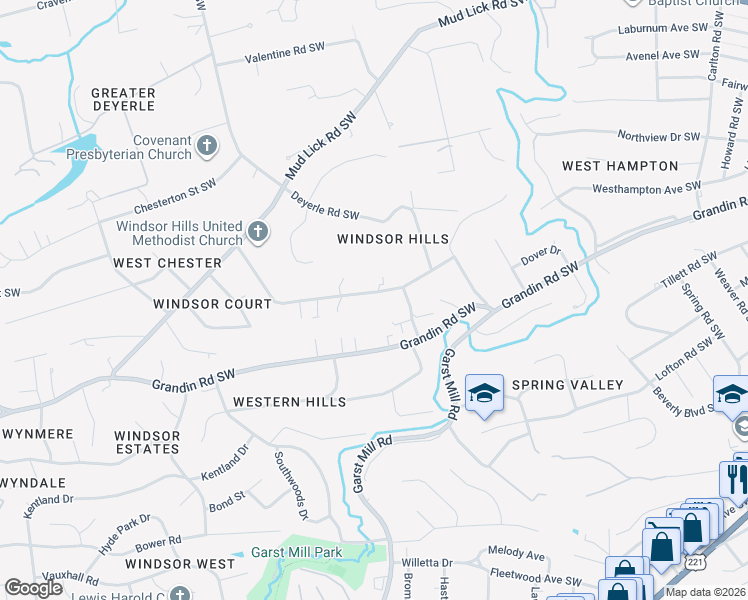 map of restaurants, bars, coffee shops, grocery stores, and more near 3422 Windsor Road in Roanoke